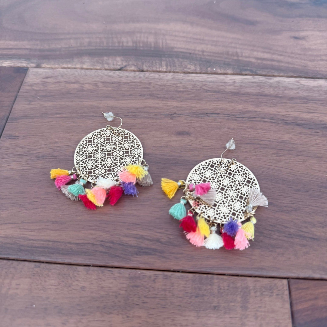 Boho Gold Tone Round Filigree Dangle Earrings Colorful Tassel Drop