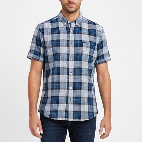 GoodMan Brand Mens Plaid Short Sleeve Button Down Shirt Blue XL Casual