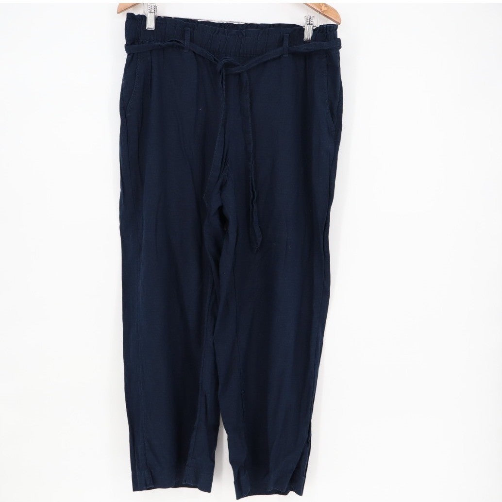 LOFT Outlet Pants Womens Medium Navy Blue Linen Tie Waist Everyday Wear Cropped