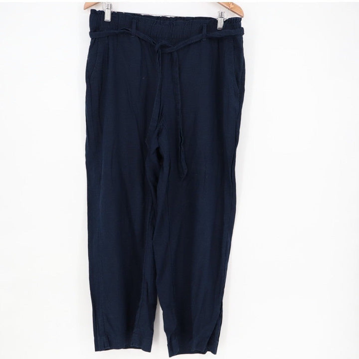 LOFT Outlet Pants Womens Medium Navy Blue Linen Tie Waist Everyday Wear Cropped
