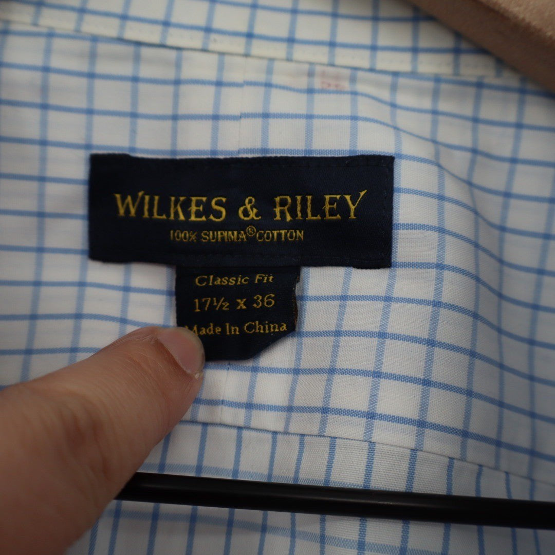 Wilkes & Riley Mens Classic Fit Plaid Dress Shirt 17 1/2 x 36 Blue White Cotton