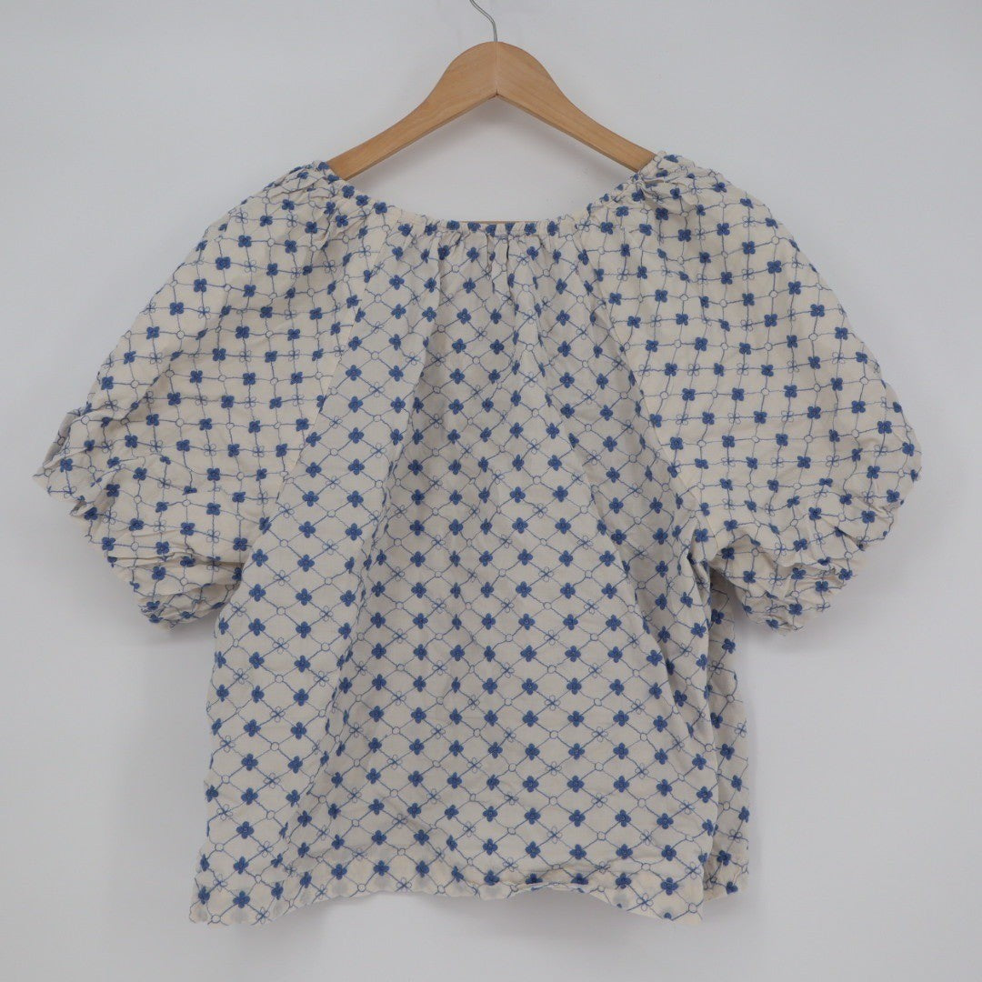 LOFT Embroidered Tie Neck Blouse Top Cream Blue Size XL Cotton Blend