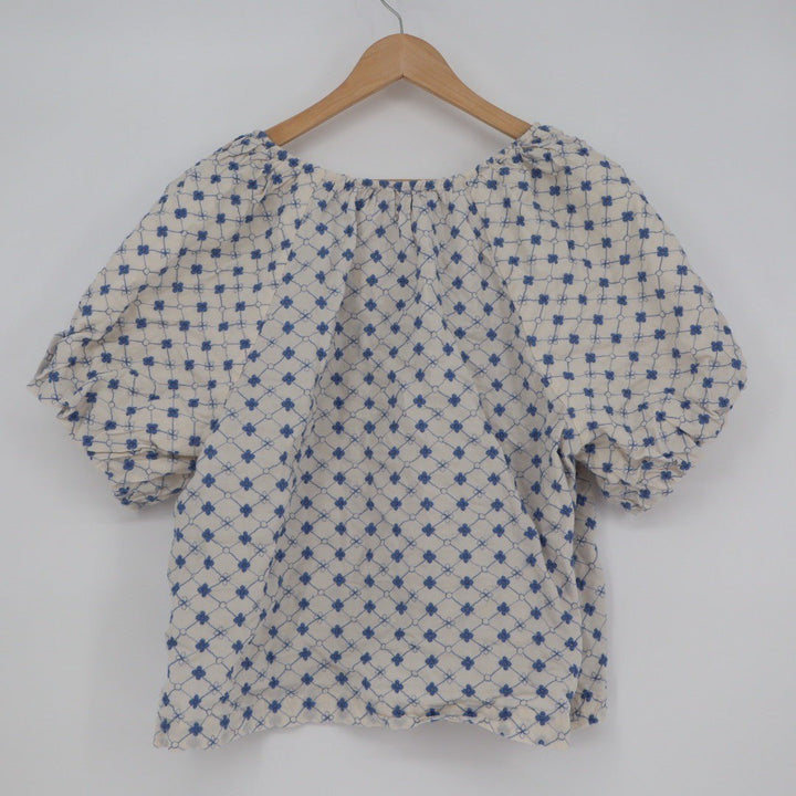LOFT Embroidered Tie Neck Blouse Top Cream Blue Size XL Cotton Blend