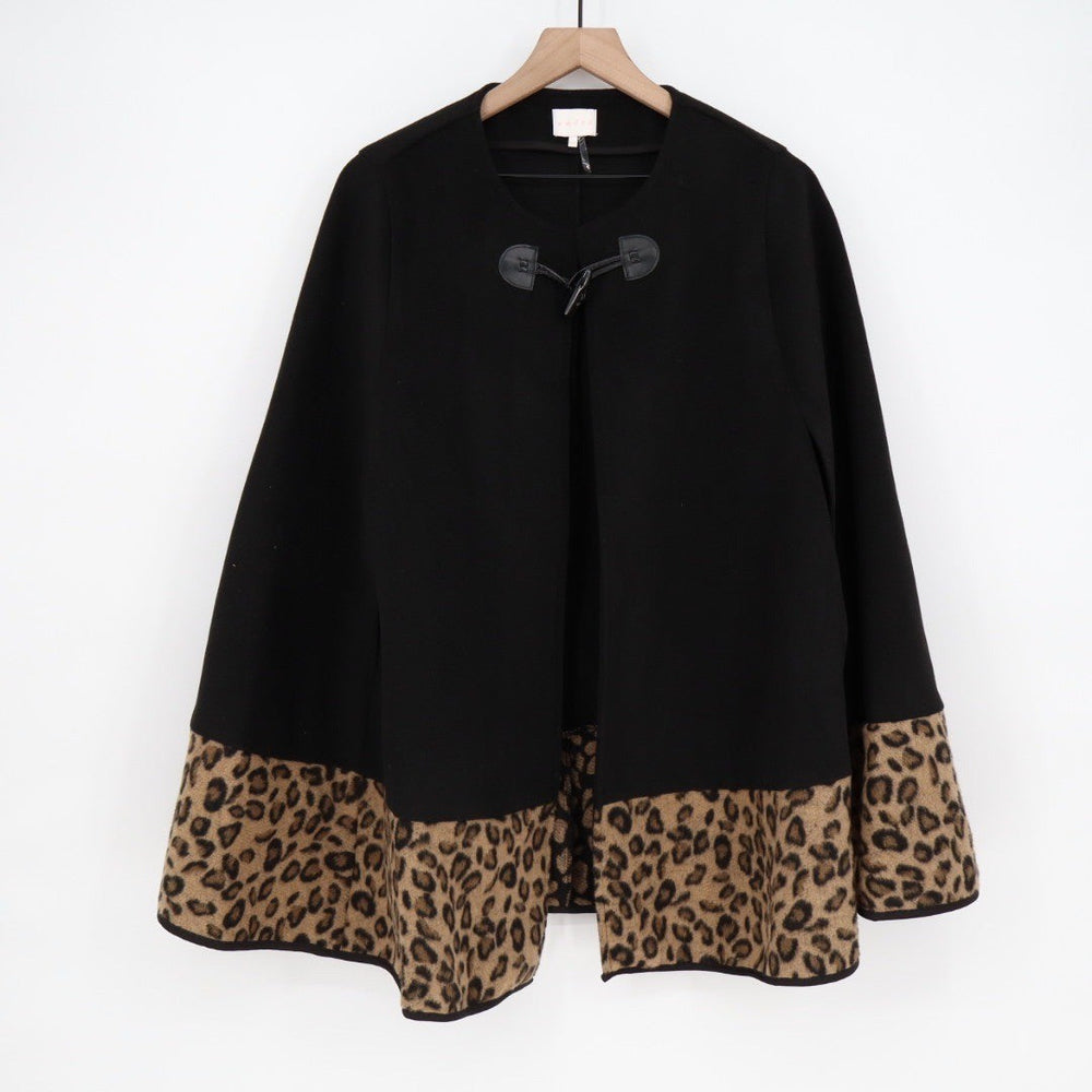 Entro Black Toggle Closure Cape Jacket Leopard Print Trim M/L