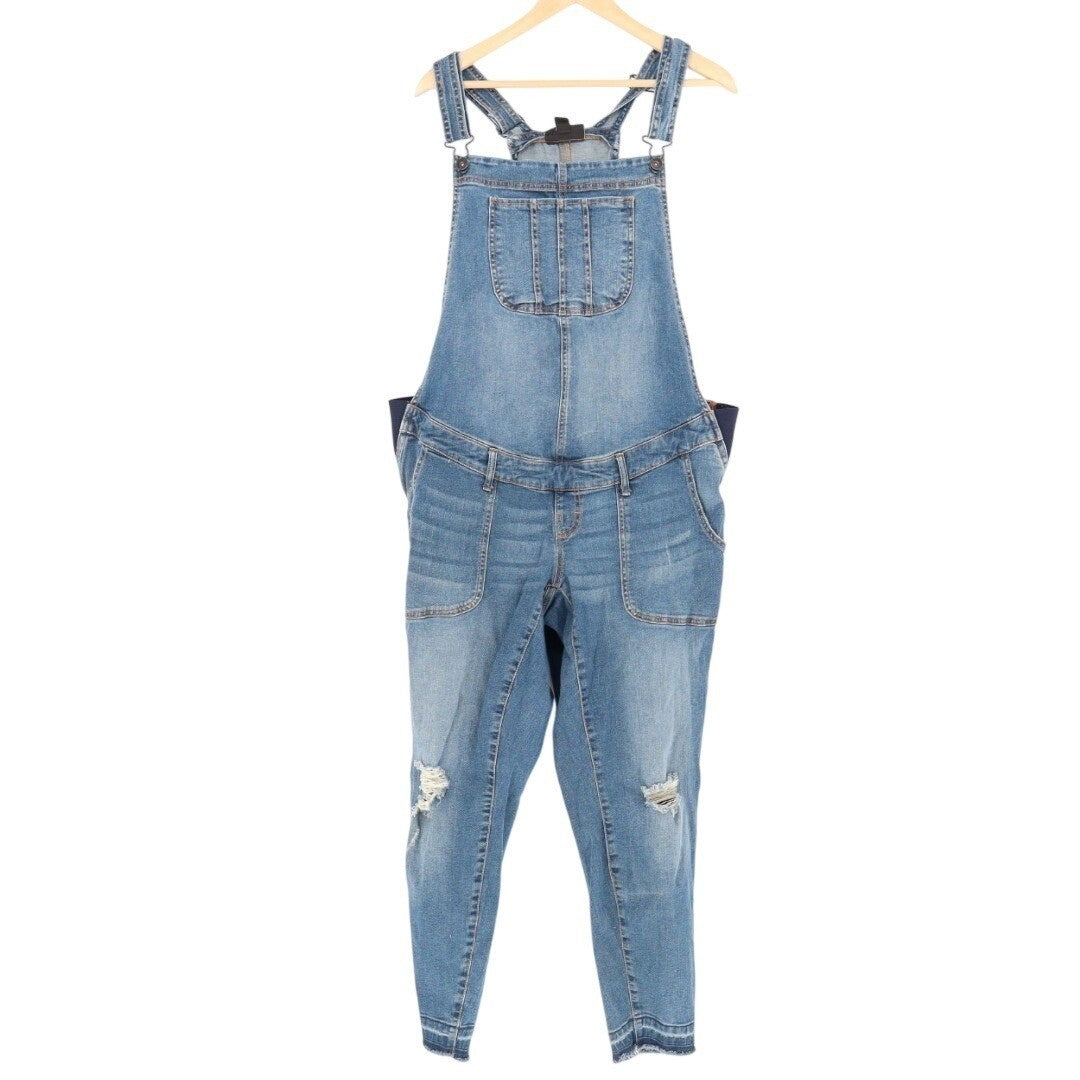 INDIGO BLUE Womens 1X Denim Maternity Overalls Distressed Crop Leg Raw Hem