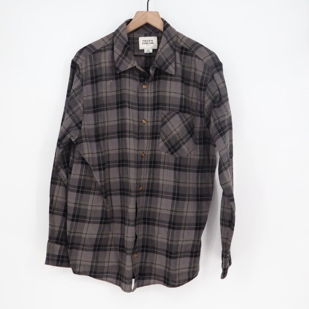 Field & Stream Mens Long Sleeve Plaid Flannel Shirt Size LG Gray Black