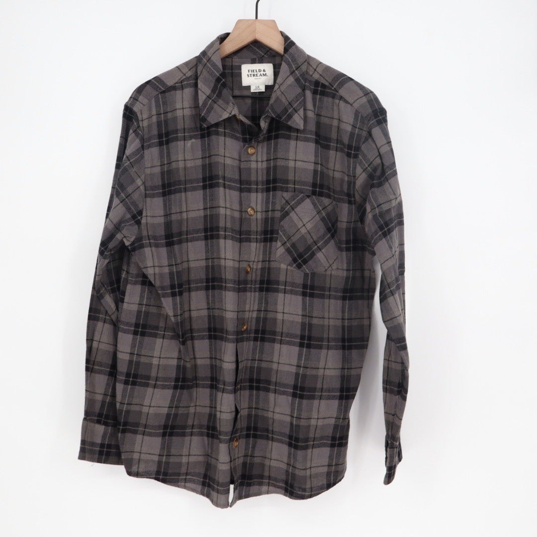 Field & Stream Mens Long Sleeve Plaid Flannel Shirt Size LG Gray Black
