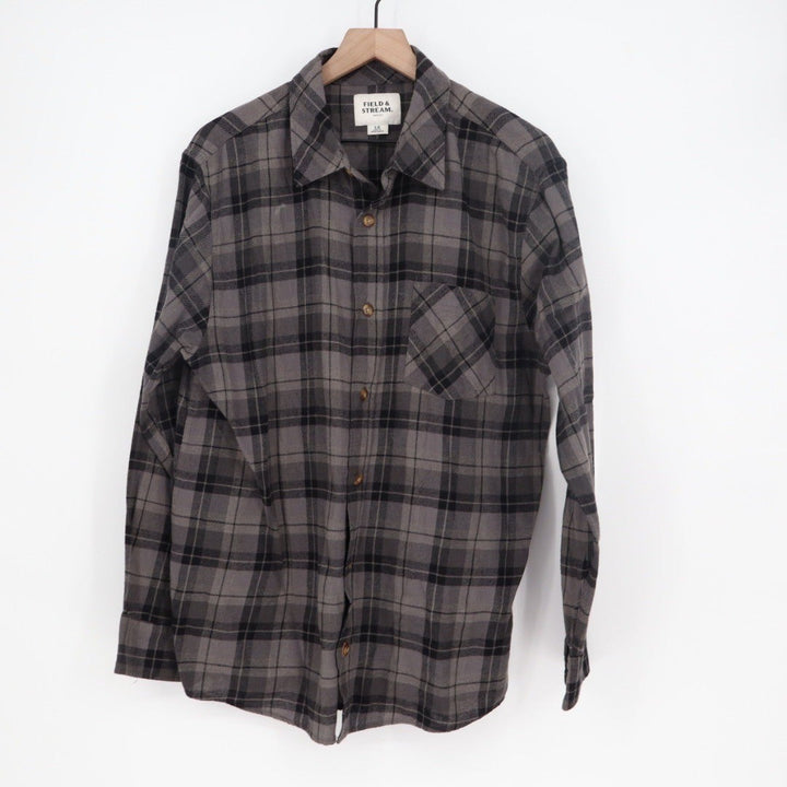 Field & Stream Mens Long Sleeve Plaid Flannel Shirt Size LG Gray Black