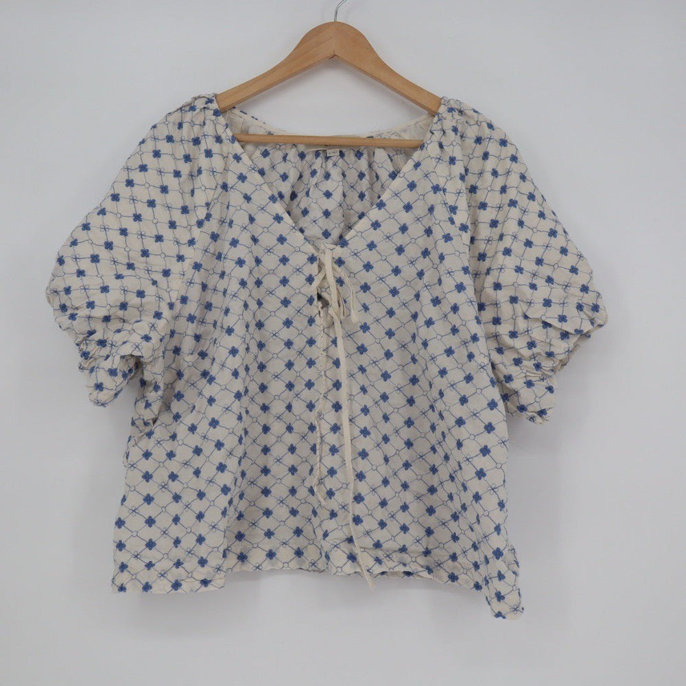 LOFT Embroidered Tie Neck Blouse Top Cream Blue Size XL Cotton Blend