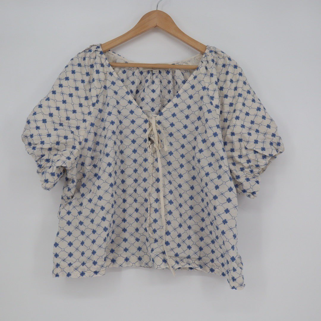 LOFT Embroidered Tie Neck Blouse Top Cream Blue Size XL Cotton Blend