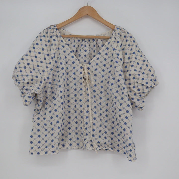 LOFT Embroidered Tie Neck Blouse Top Cream Blue Size XL Cotton Blend