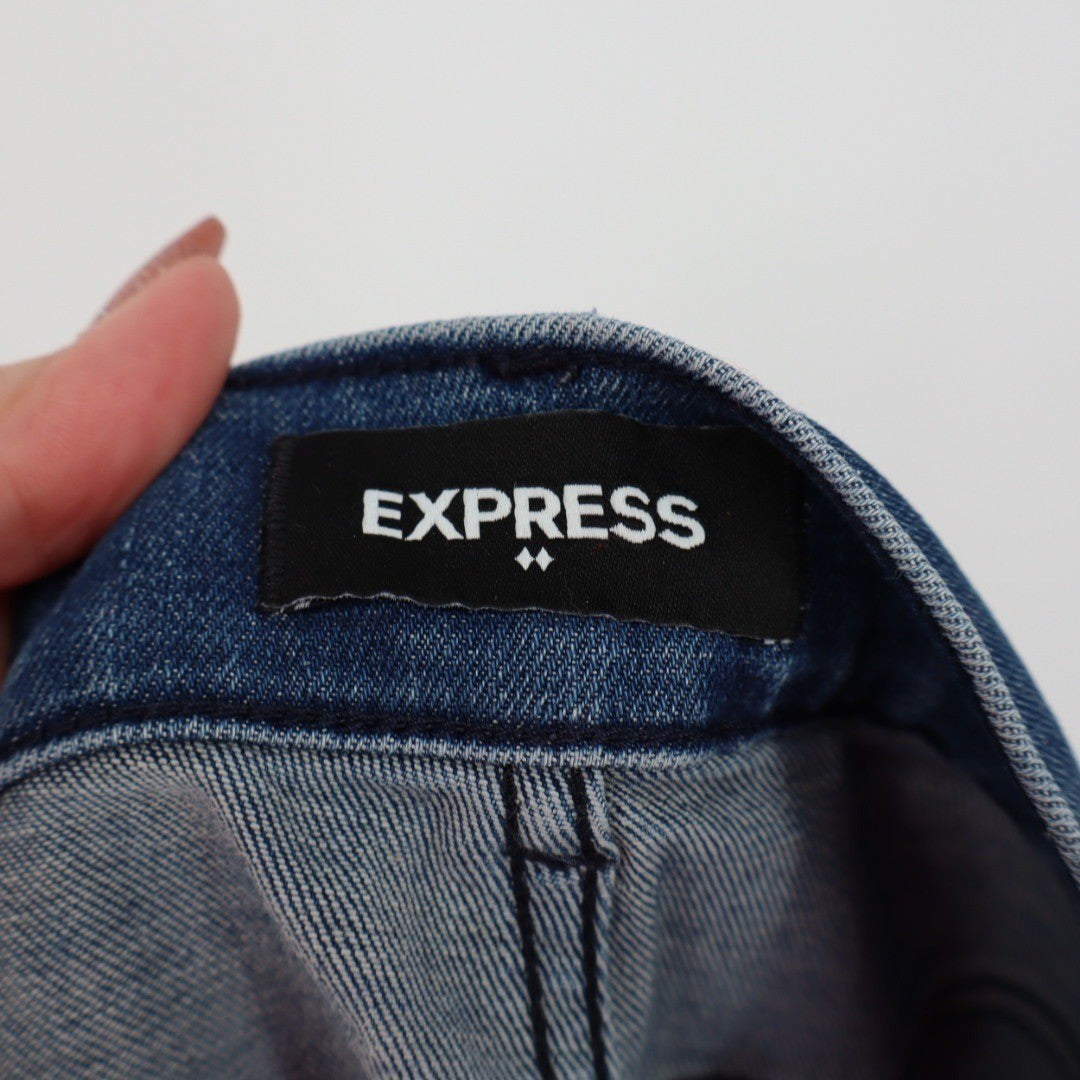 Express Jeans Womens 12R Medium Wash Button Fly High Rise Skinny Cropped Raw Hem