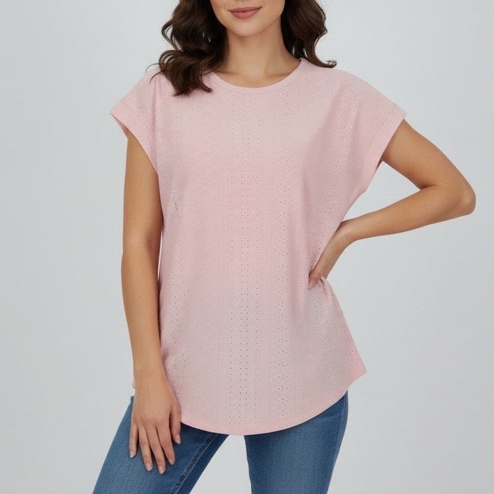 Athletic Works Pink Athleisure Top Mesh Overlay Round Neck Short Sleeve Size L