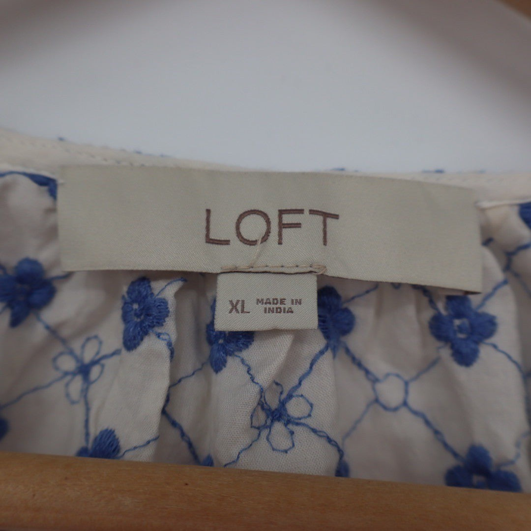 LOFT Embroidered Tie Neck Blouse Top Cream Blue Size XL Cotton Blend