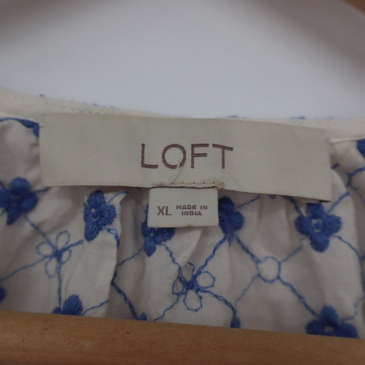 LOFT Embroidered Tie Neck Blouse Top Cream Blue Size XL Cotton Blend