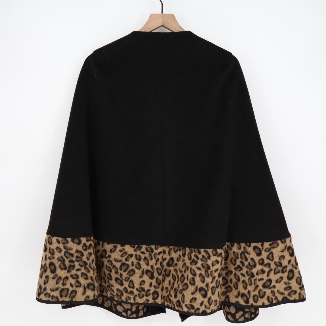 Entro Black Toggle Closure Cape Jacket Leopard Print Trim M/L