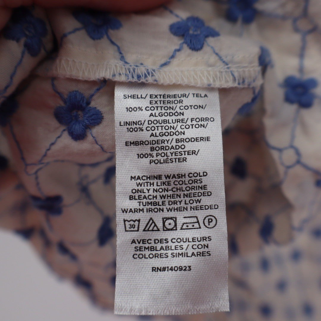 LOFT Embroidered Tie Neck Blouse Top Cream Blue Size XL Cotton Blend