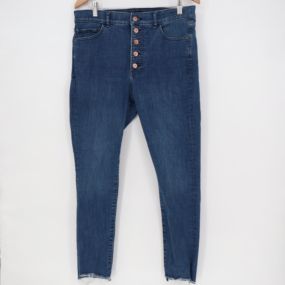 Express Jeans Womens 12R Medium Wash Button Fly High Rise Skinny Cropped Raw Hem