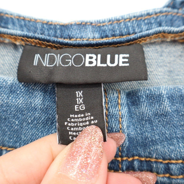 INDIGO BLUE Womens 1X Denim Maternity Overalls Distressed Crop Leg Raw Hem