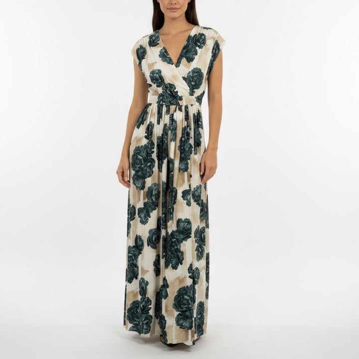 Christina Economou Floral Maxi Dress V Neck Cap Sleeve Empire Waist SIze 0