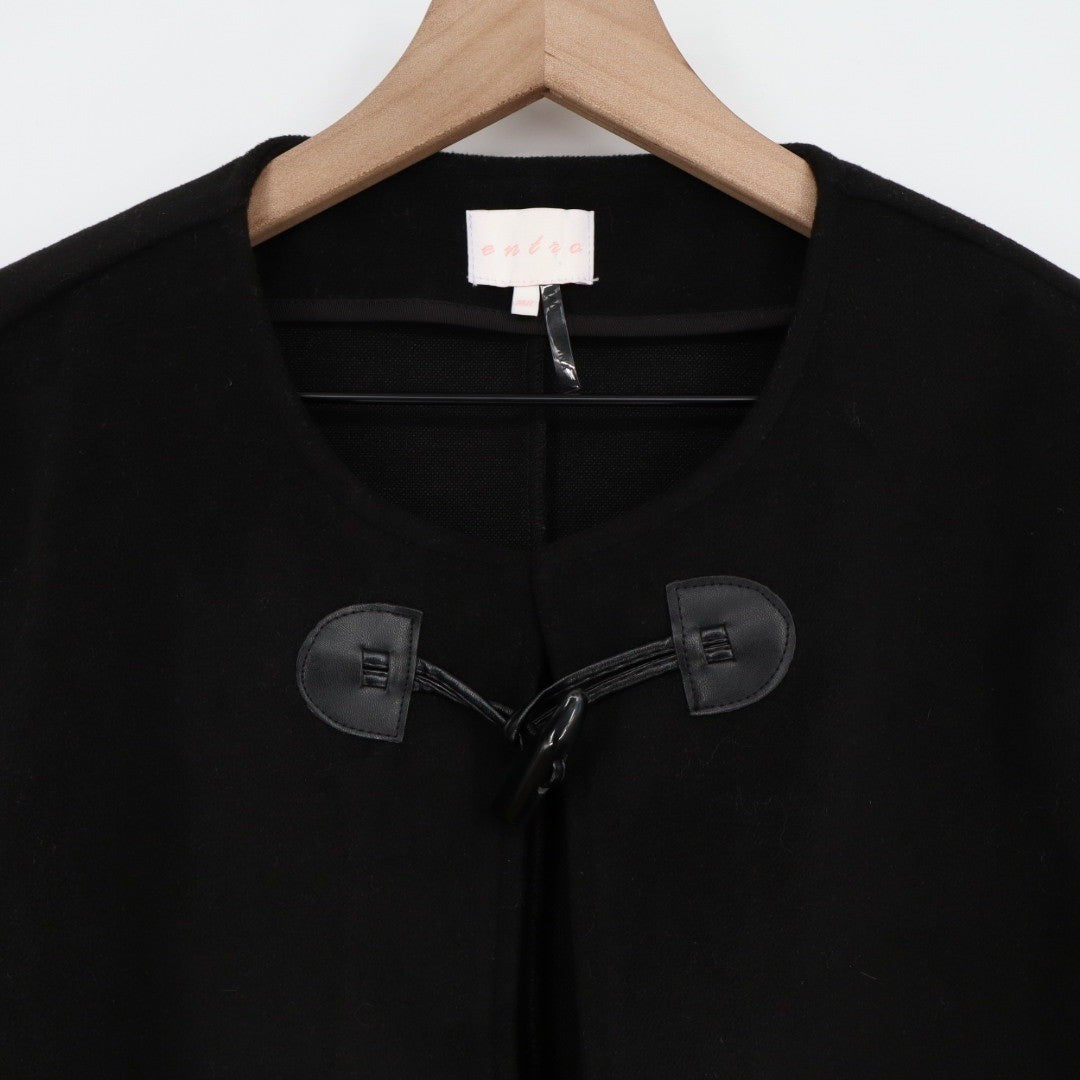 Entro Black Toggle Closure Cape Jacket Leopard Print Trim M/L