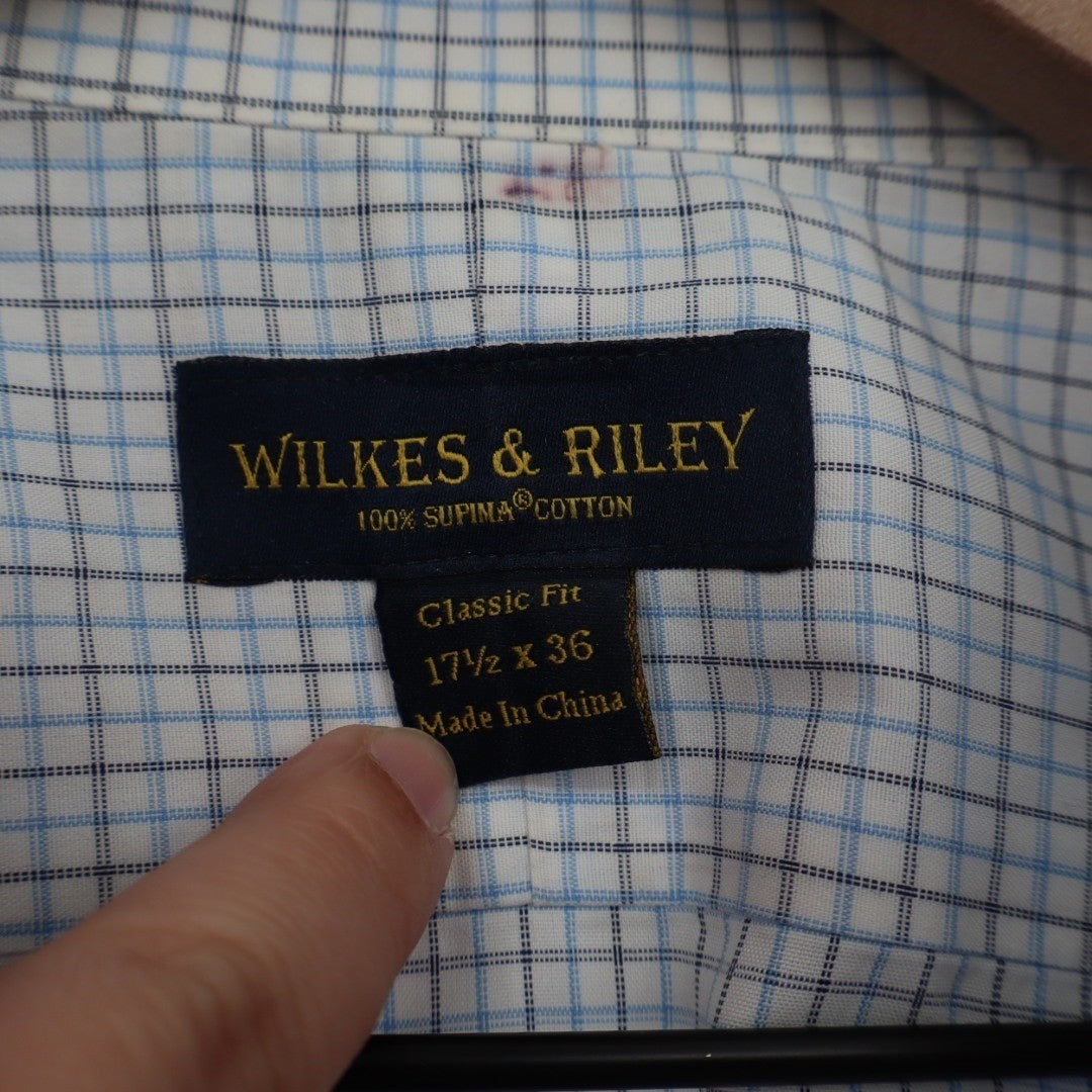 WILKES & RILEY Classic Fit Plaid Button Down Shirt Mens 17 1/2 x 36 Blue White