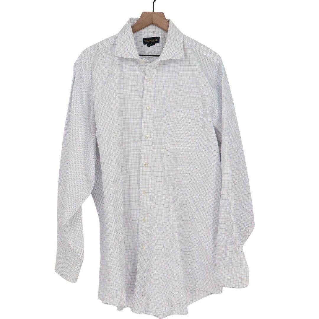 Wilkes & Riley Classic Fit 17 1/2 x 36 White Blue Grid Supima Cotton Dress Shirt