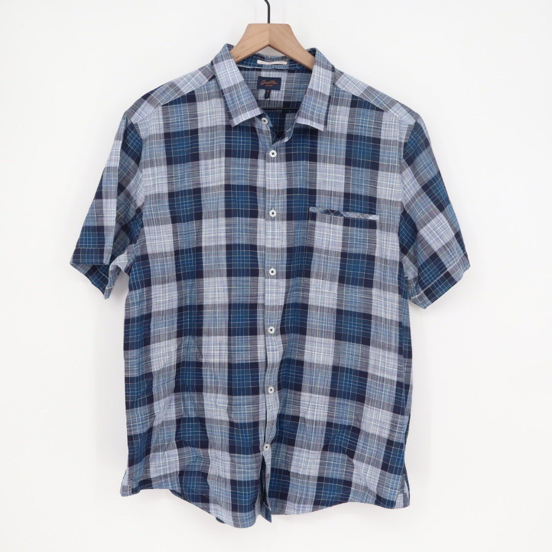 GoodMan Brand Mens Plaid Short Sleeve Button Down Shirt Blue XL Casual