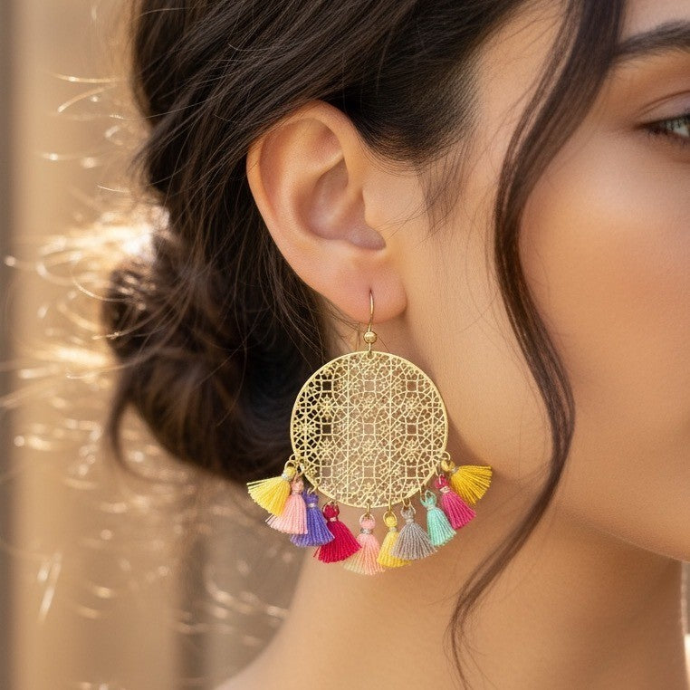 Boho Gold Tone Round Filigree Dangle Earrings Colorful Tassel Drop