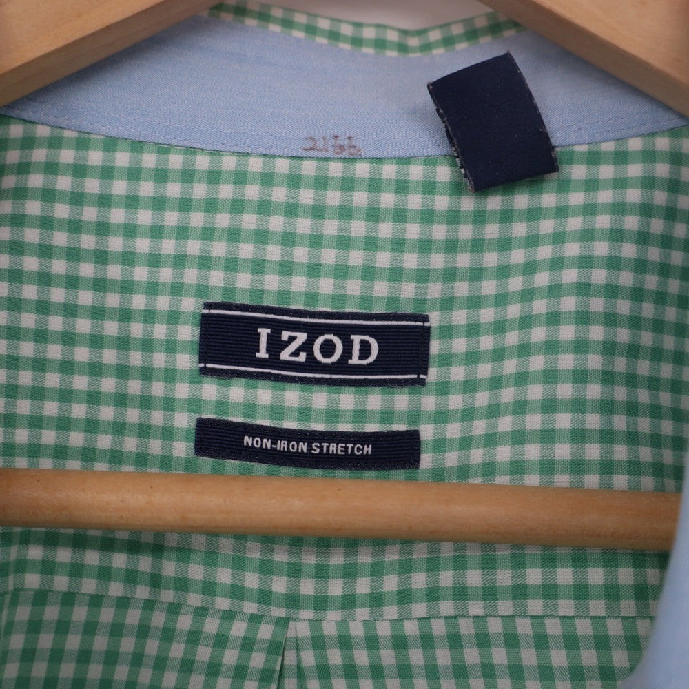 Izod Shirt Mens 2XL Green White Gingham Check Stretch Long Sleeve Button Down