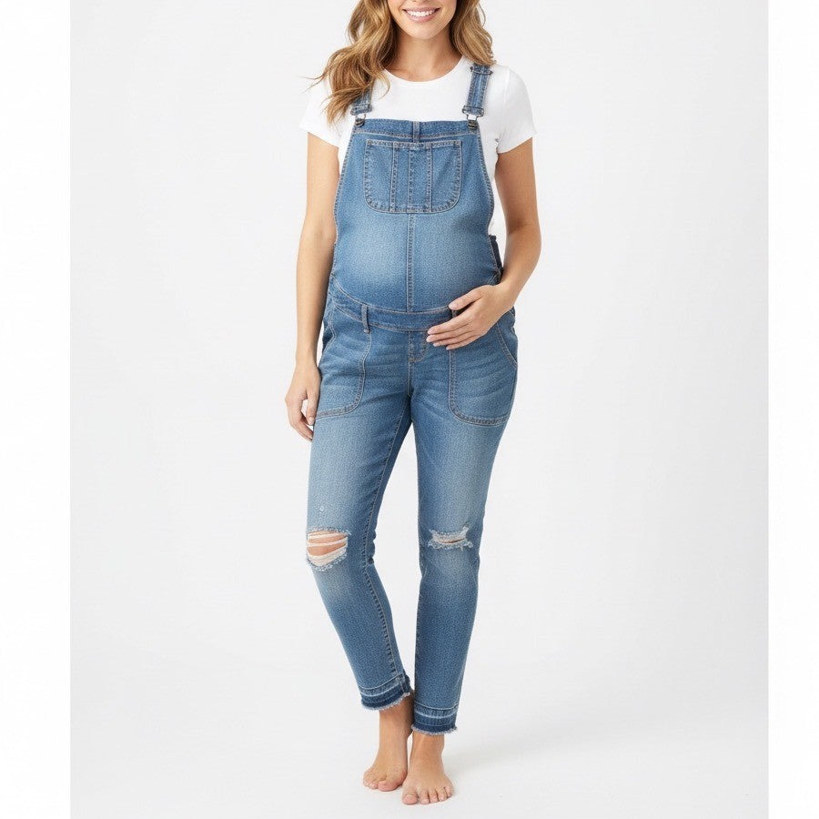 INDIGO BLUE Womens 1X Denim Maternity Overalls Distressed Crop Leg Raw Hem