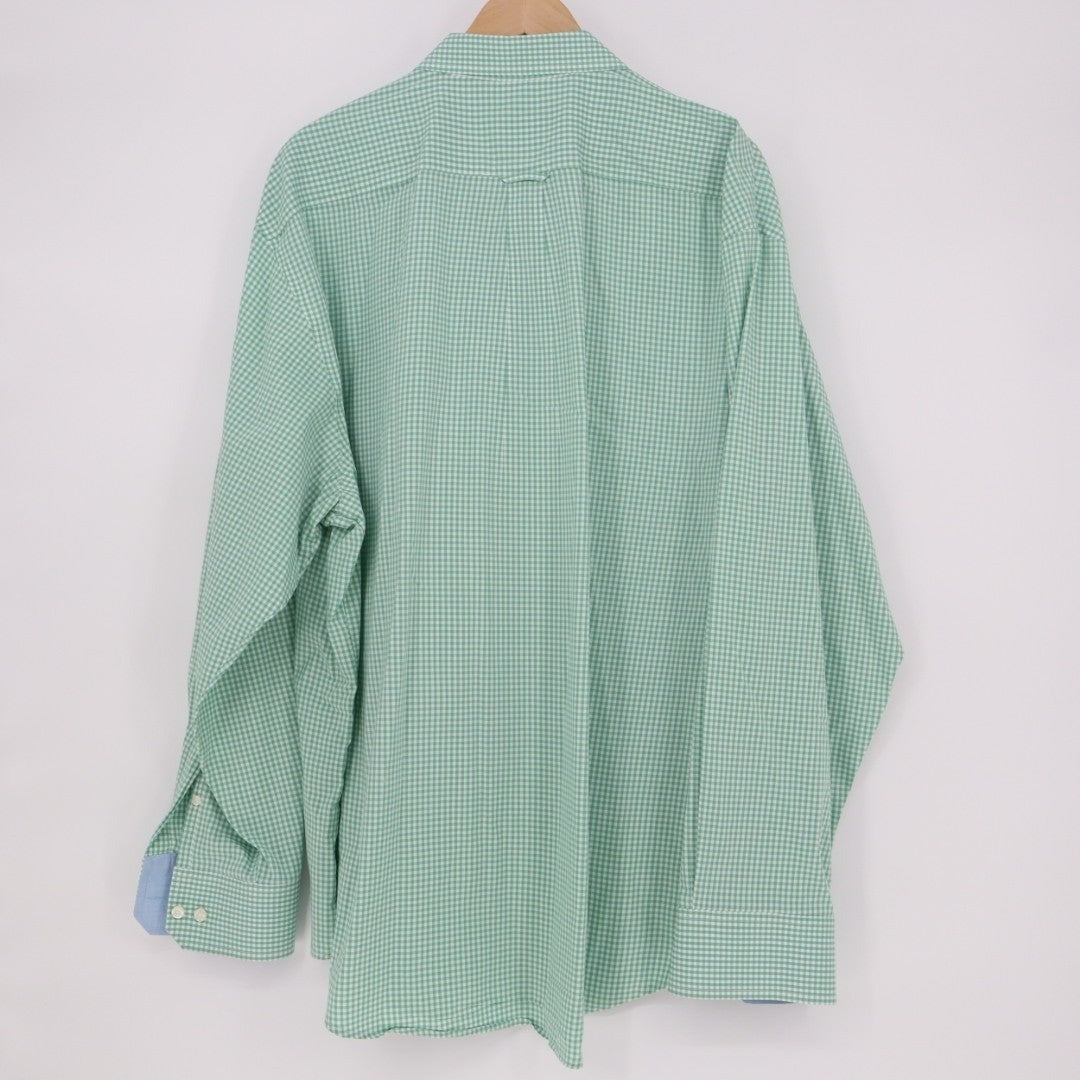 Izod Shirt Mens 2XL Green White Gingham Check Stretch Long Sleeve Button Down