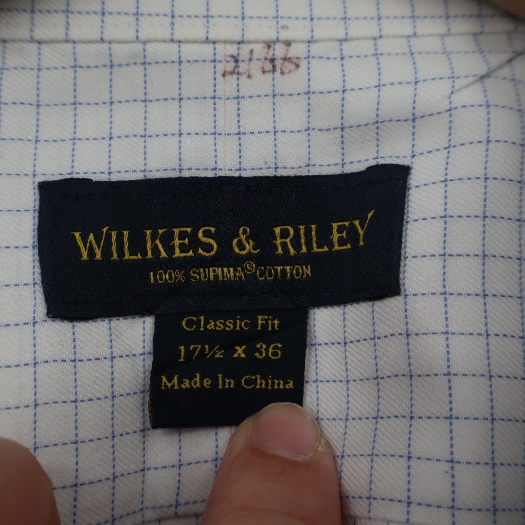 Wilkes & Riley Classic Fit 17 1/2 x 36 White Blue Grid Supima Cotton Dress Shirt