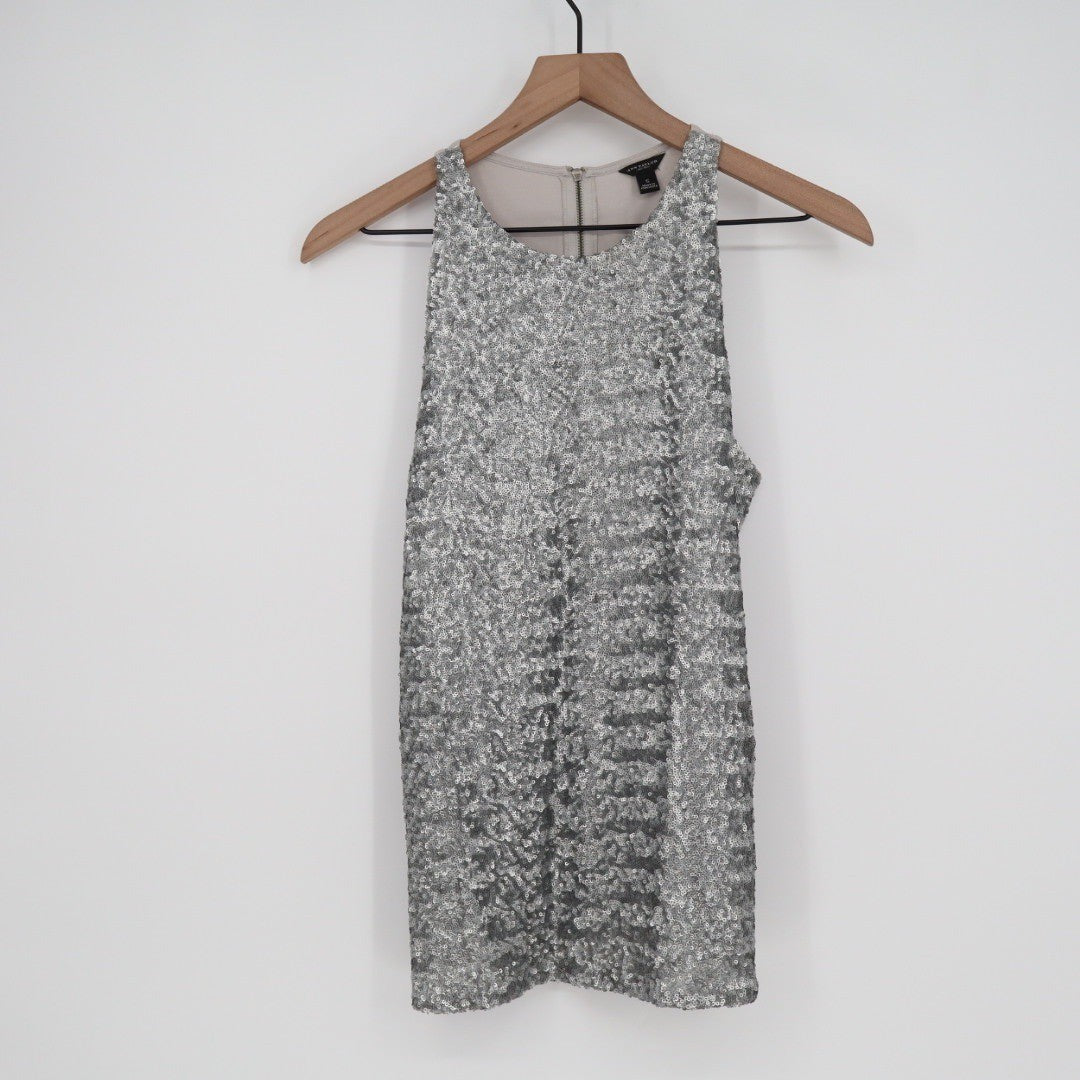 Ann Taylor Womens Sequined Tank Top Silver Size S Zipper Back
