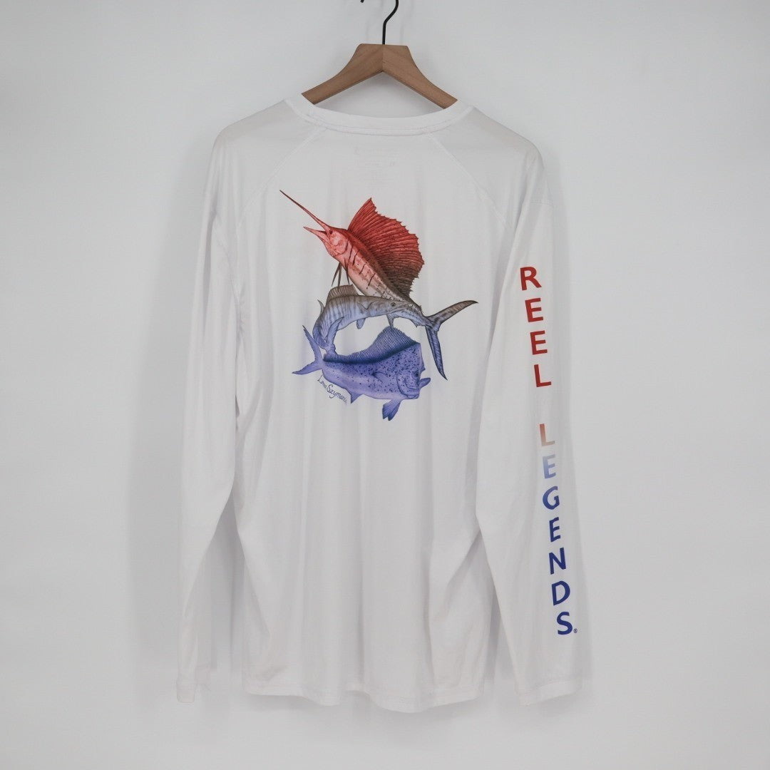Reel Legends REEL-TEC Bluewater T-Shirt Mens XL White Crew Neck Long Sleeve