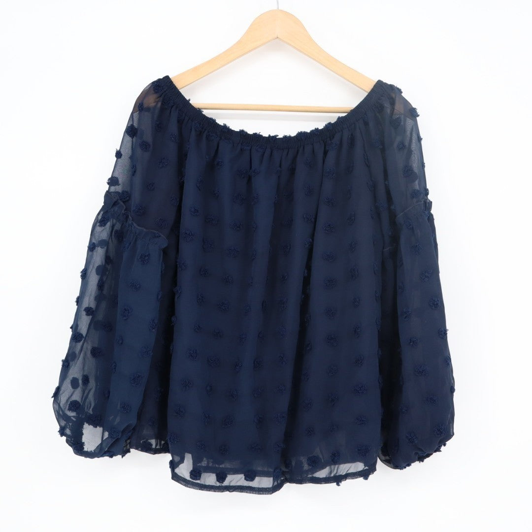 Chiffon Blouse Womens L Blue Swiss Dot Lantern Balloon Sleeve Off The Shoulder