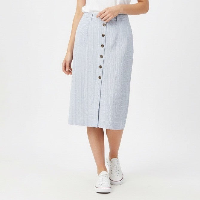 Ann Taylor Factory Seersucker Striped Button Front Midi Skirt Size 14