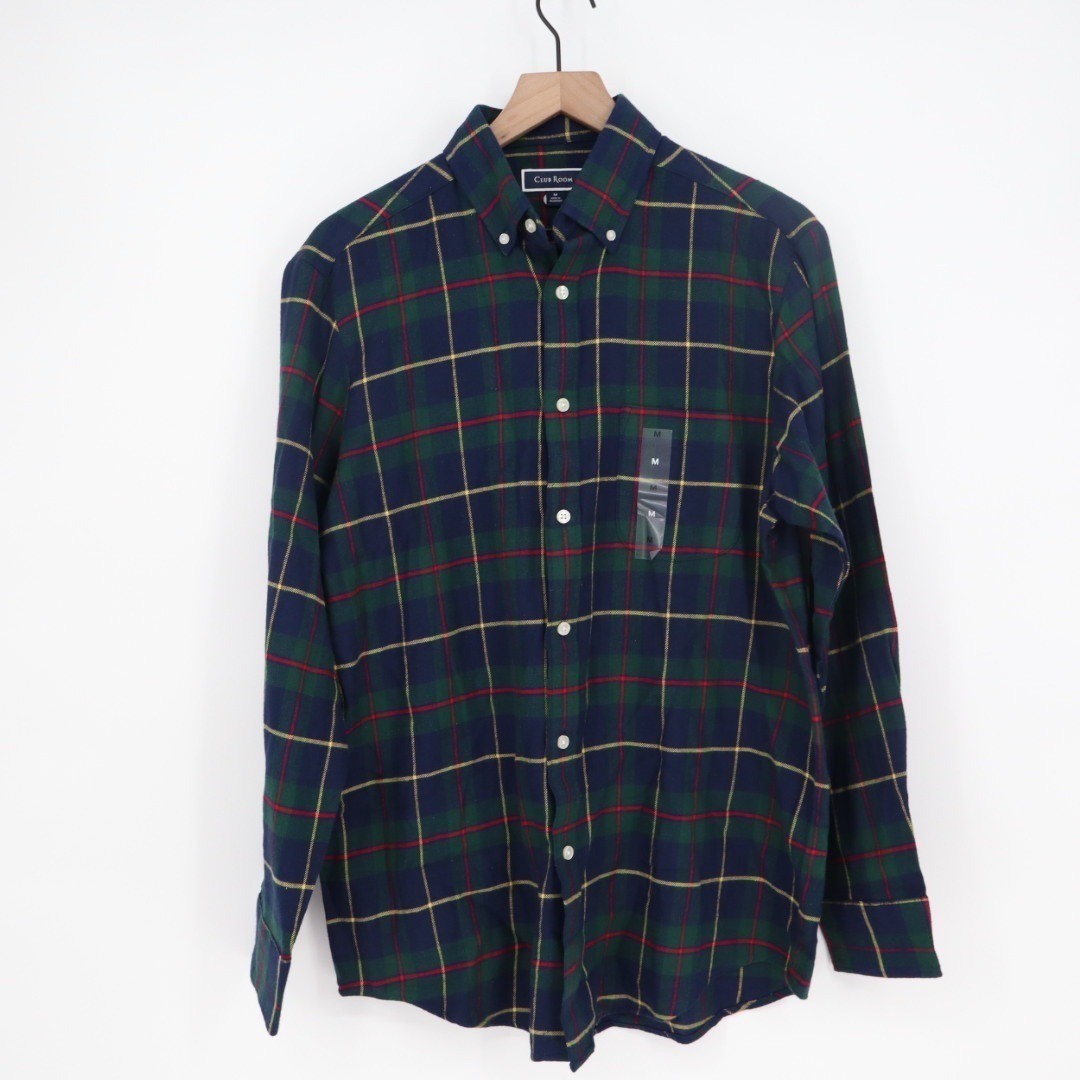 Club Room Men's Flannel Shirt Navy Blue Plaid Button Down Long Sleeve Size M