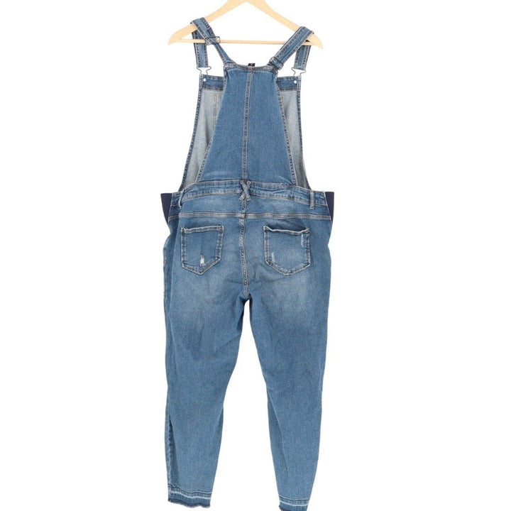 INDIGO BLUE Womens 1X Denim Maternity Overalls Distressed Crop Leg Raw Hem