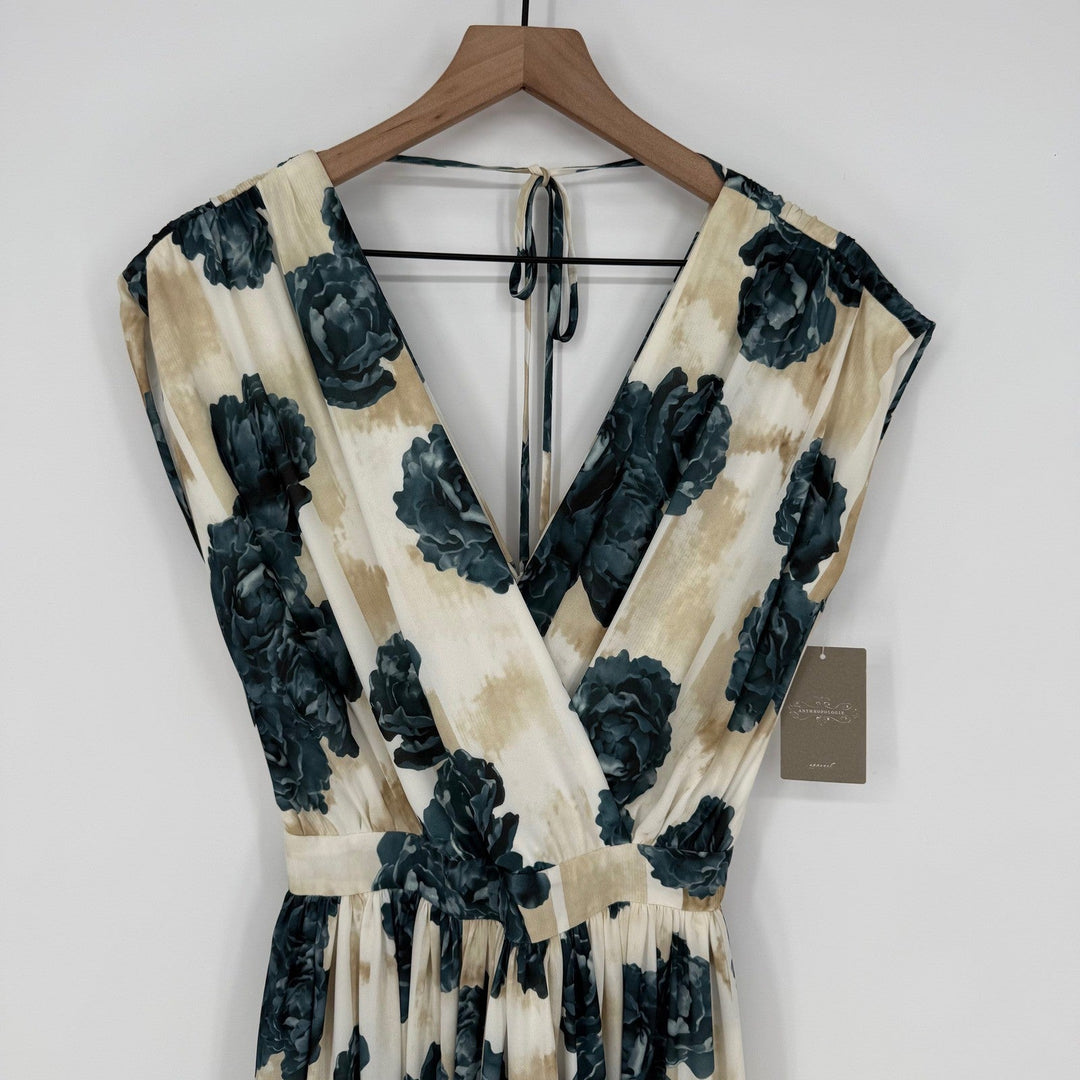 Christina Economou Floral Maxi Dress V Neck Cap Sleeve Empire Waist SIze 0