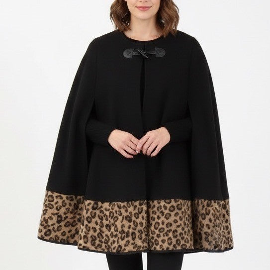 Entro Black Toggle Closure Cape Jacket Leopard Print Trim M/L