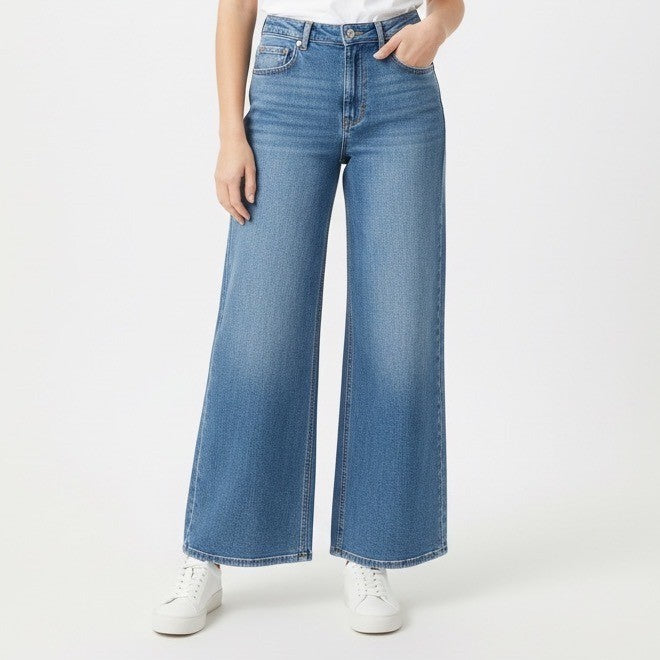 Old Navy Wide Leg Jeans Medium Wash Distressed Denim Pants Size 16