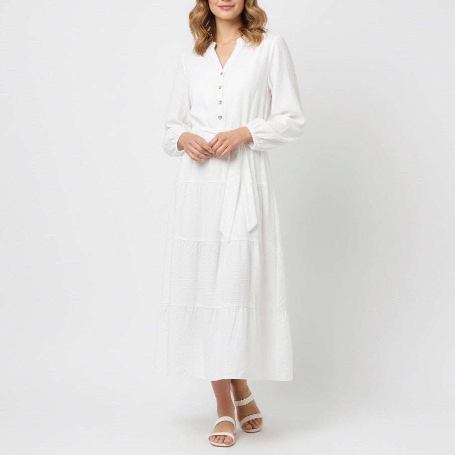 Pretty Garden White Cotton Viscose Tiered Maxi Dress Belted Long Sleeve XXL