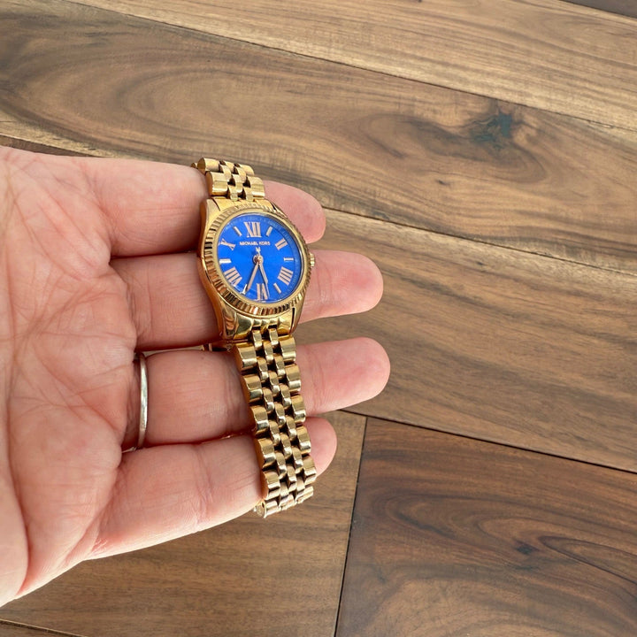 Michael Kors Gold Tone Watch Blue Dial Roman Numerals MK3272
