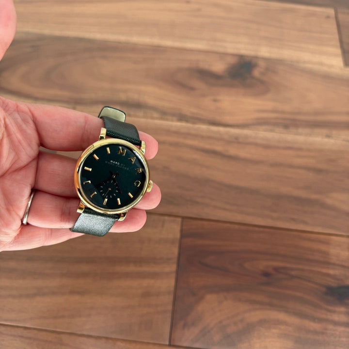 Marc by Marc Jacobs Gold Tone Green Leather Band Watch Black Face
