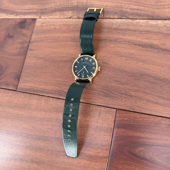 Marc by Marc Jacobs Gold Tone Green Leather Band Watch Black Face