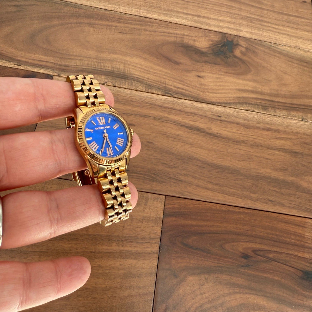 Michael Kors Gold Tone Watch Blue Dial Roman Numerals MK3272