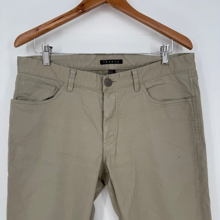 Theory Men's Chino Pants Khaki Straight Fit Size 34 Cotton Blend Casual Trousers