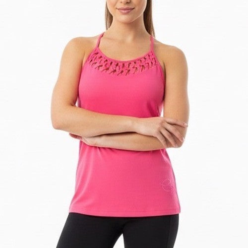 Equilibrium Hot Pink Athletic Tank Top Bra Macrame Neckline Embroidered Logo M
