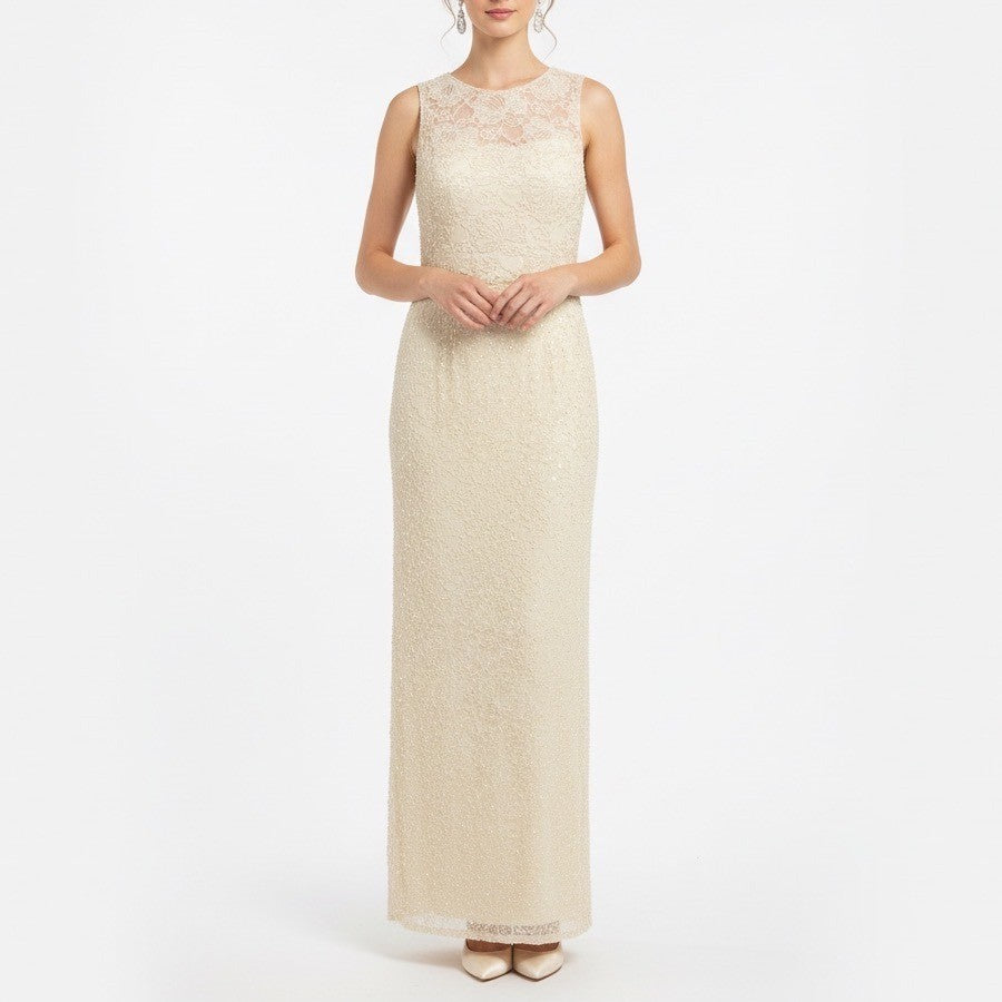 Sean Collection Beaded Sequin Embellished Maxi Dress Formal Gown Ivory Size L
